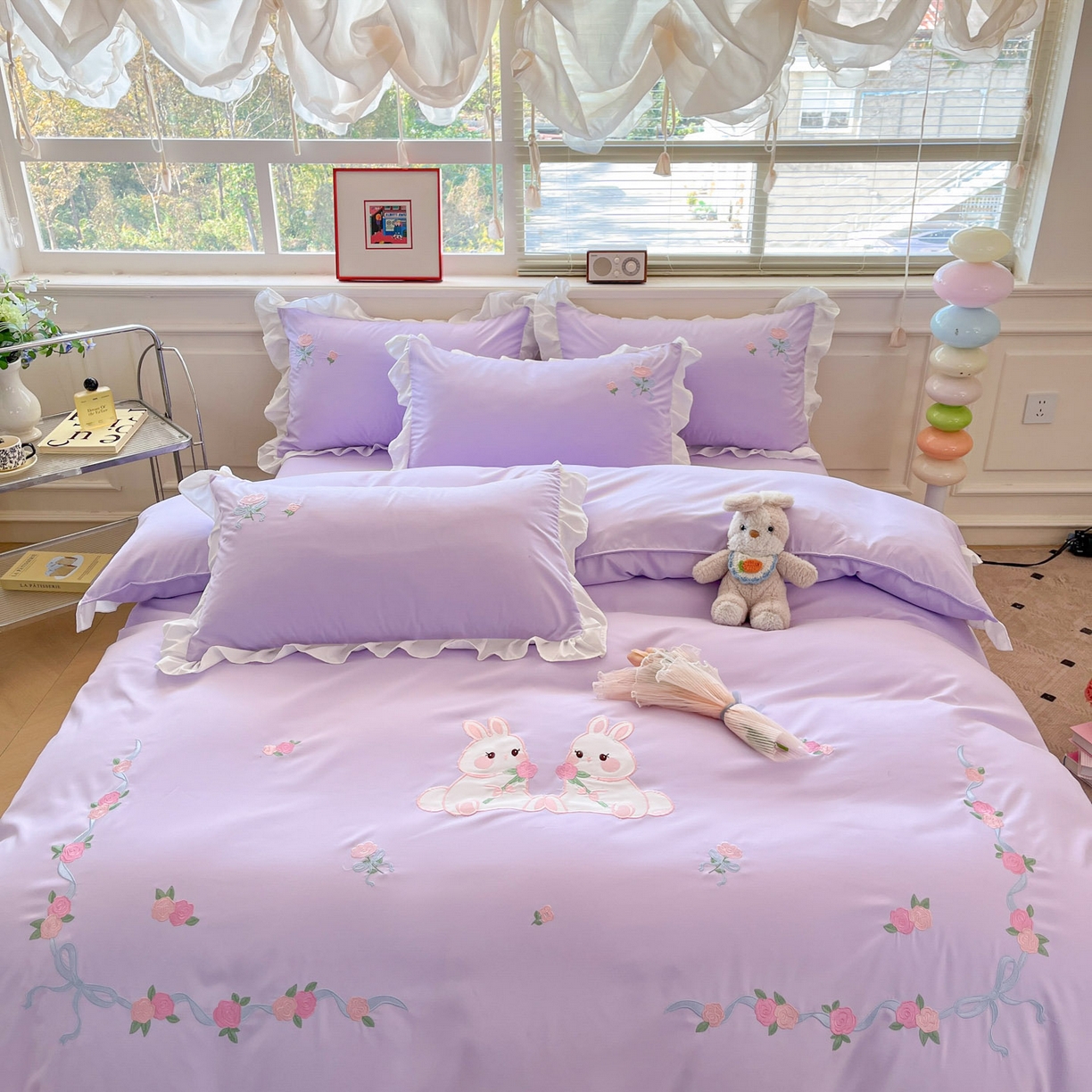 91家纺网 家纺一手货源 找家纺 雨菲家纺 2026新款水洗棉贴布绣公主风荷叶花边四件套-花园兔 花园兔浅紫