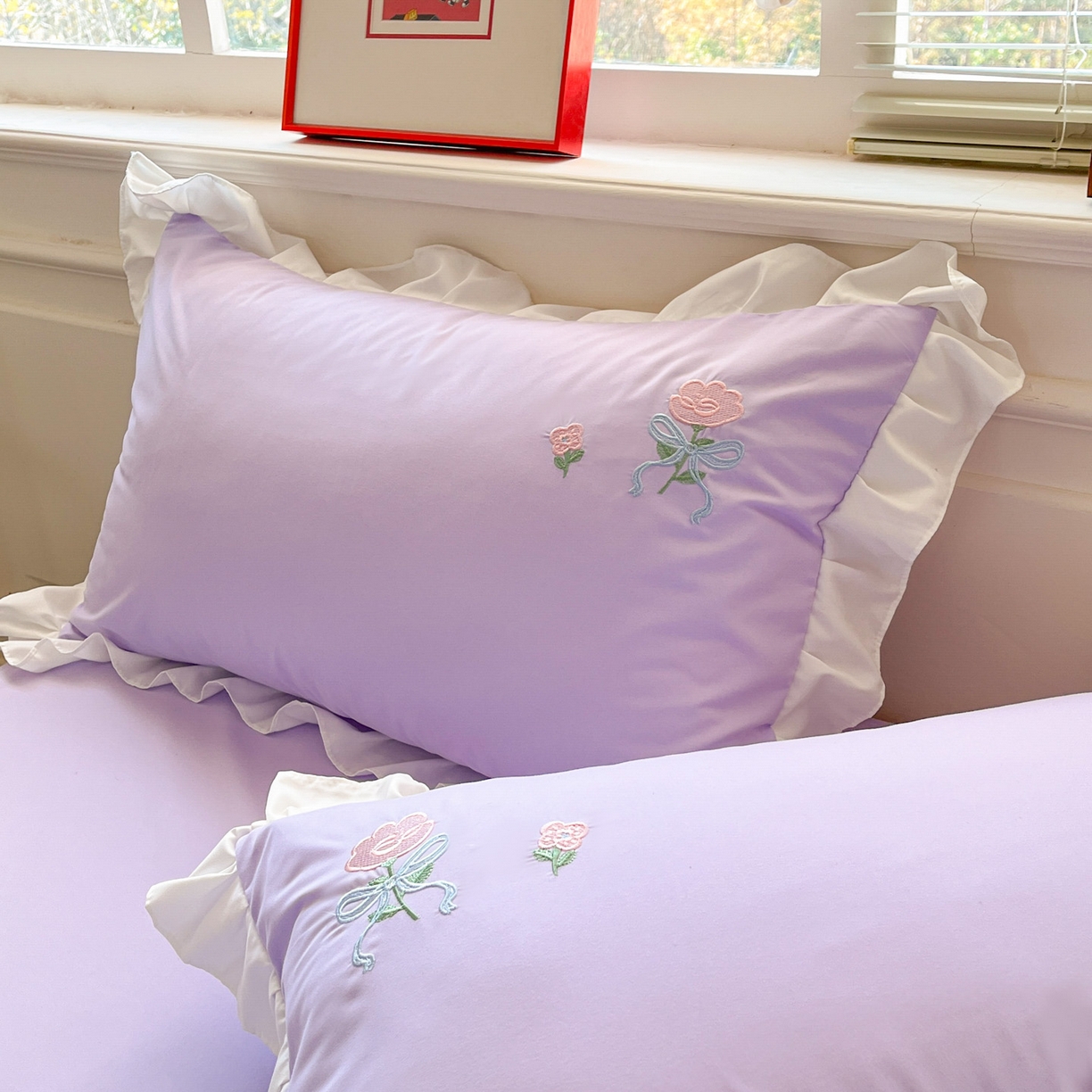 91家纺网 家纺一手货源 找家纺 雨菲家纺 2026新款水洗棉贴布绣公主风荷叶花边四件套-花园兔 花园兔浅紫