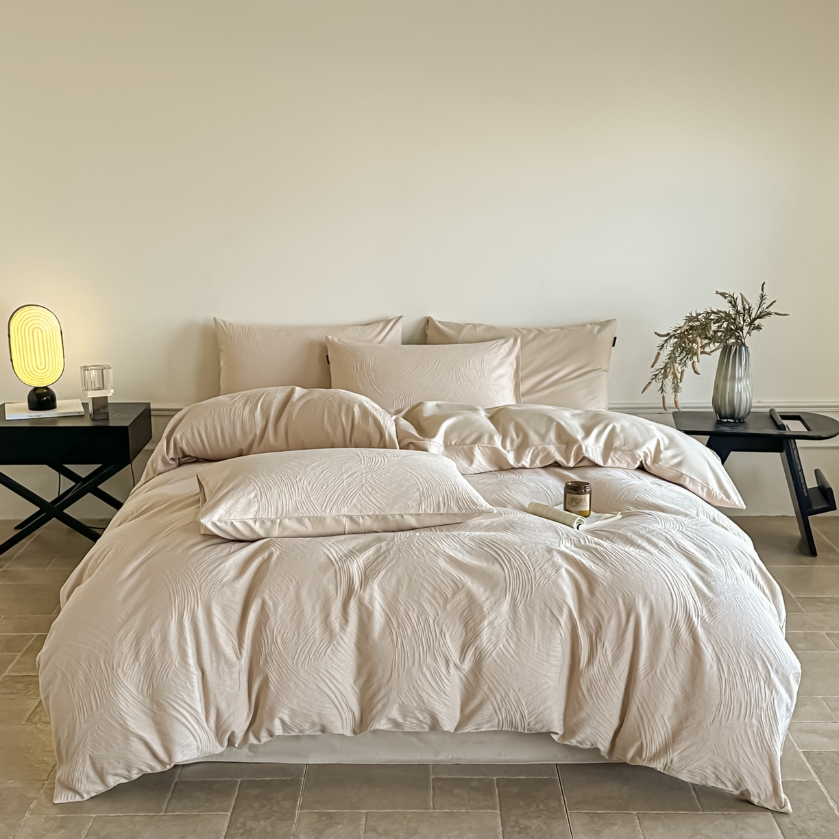 91家纺网 家纺一手货源 找家纺 如一  2026新款60S全棉水洗提花立体厚织浮雕四件套 肌理-暖杏米