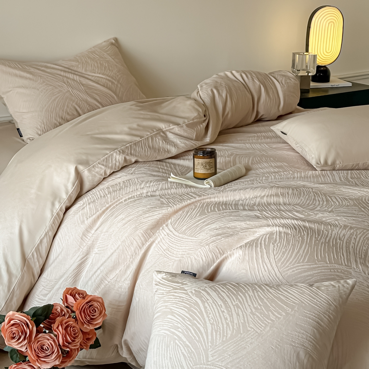 91家纺网 家纺一手货源 找家纺 如一  2026新款60S全棉水洗提花立体厚织浮雕四件套 肌理-暖杏米