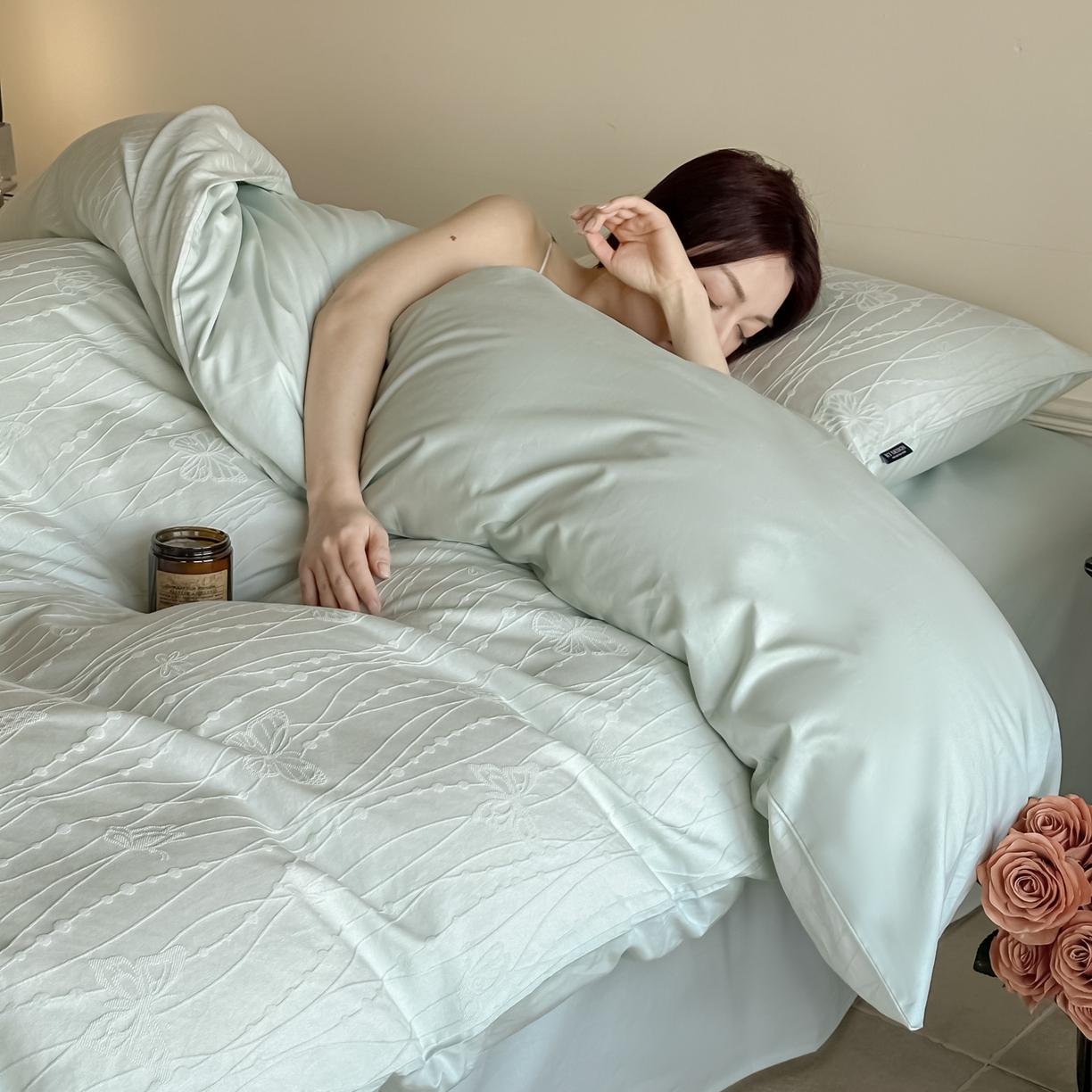 91家纺网 家纺一手货源 找家纺 如一  2026新款60S全棉水洗提花立体厚织浮雕四件套 蝶梦-湖水绿