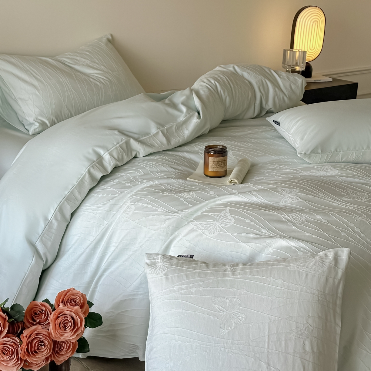 91家纺网 家纺一手货源 找家纺 如一  2026新款60S全棉水洗提花立体厚织浮雕四件套 蝶梦-湖水绿