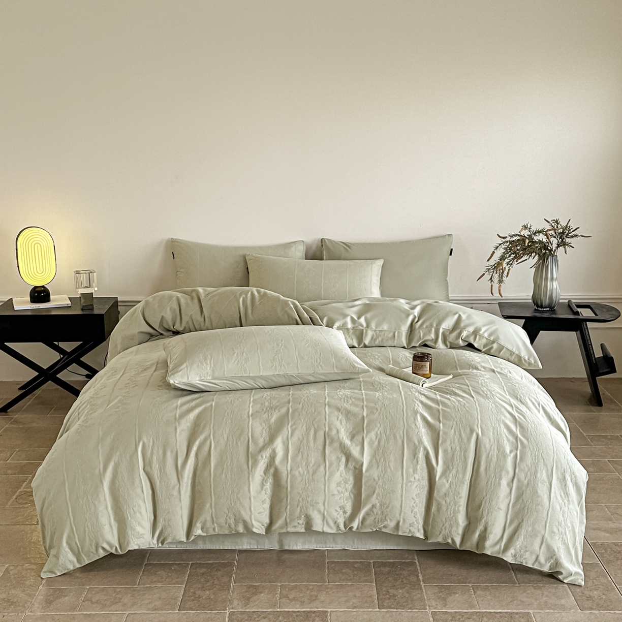 91家纺网 家纺一手货源 找家纺 如一  2026新款60S全棉水洗提花立体厚织浮雕四件套 花蔓-橄榄绿