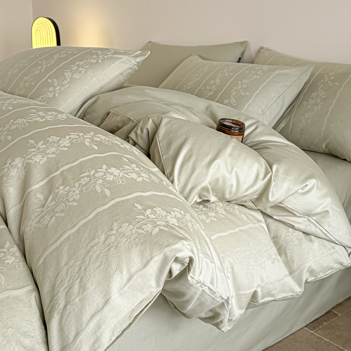 如一  2026新款60S全棉水洗提花立体厚织浮雕四件套 花蔓-橄榄绿