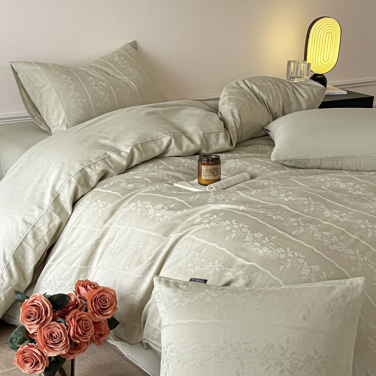 91家纺网 家纺一手货源 找家纺 如一  2026新款60S全棉水洗提花立体厚织浮雕四件套 花蔓-橄榄绿