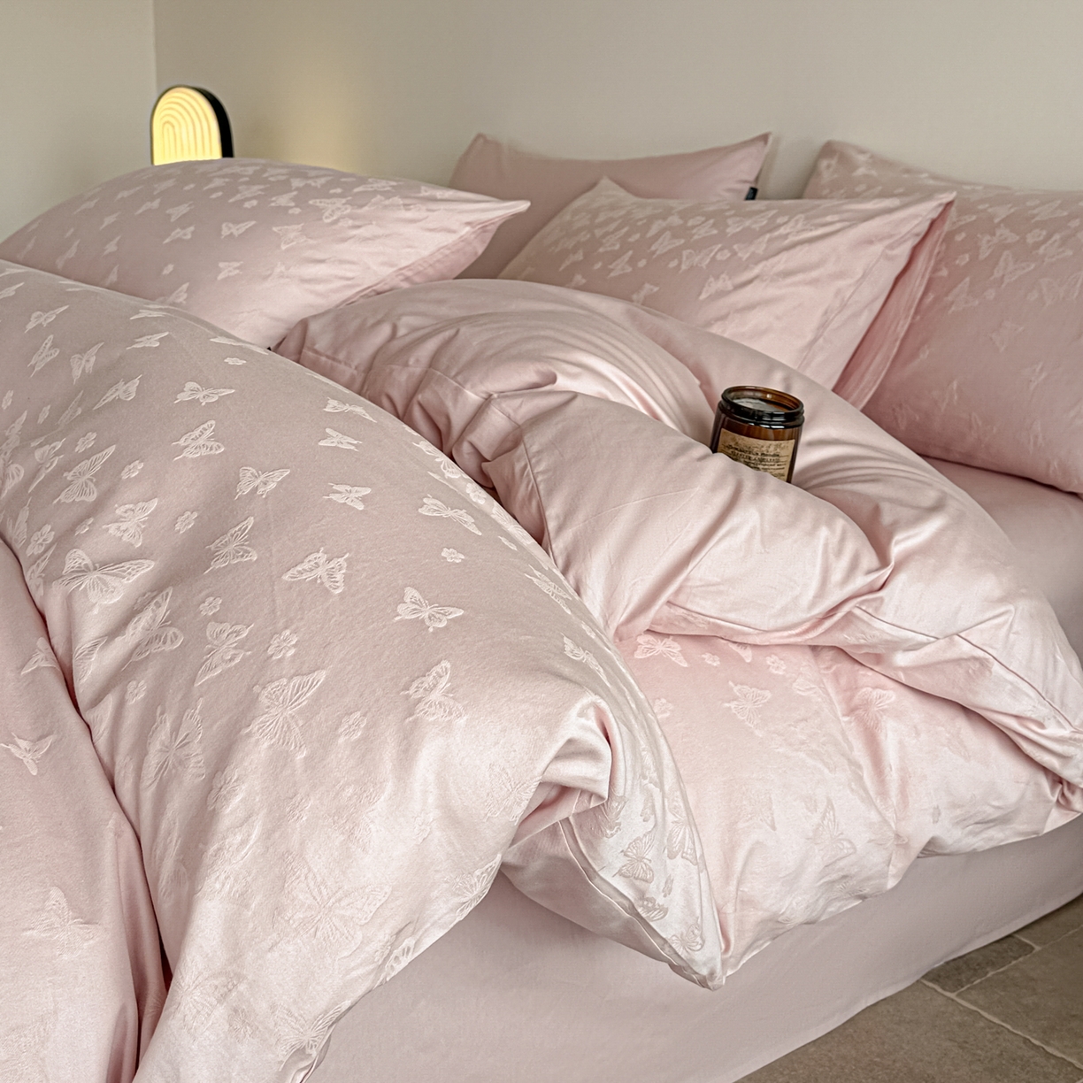 如一  2026新款60S全棉水洗提花立体厚织浮雕四件套 迷蝶-唯美粉