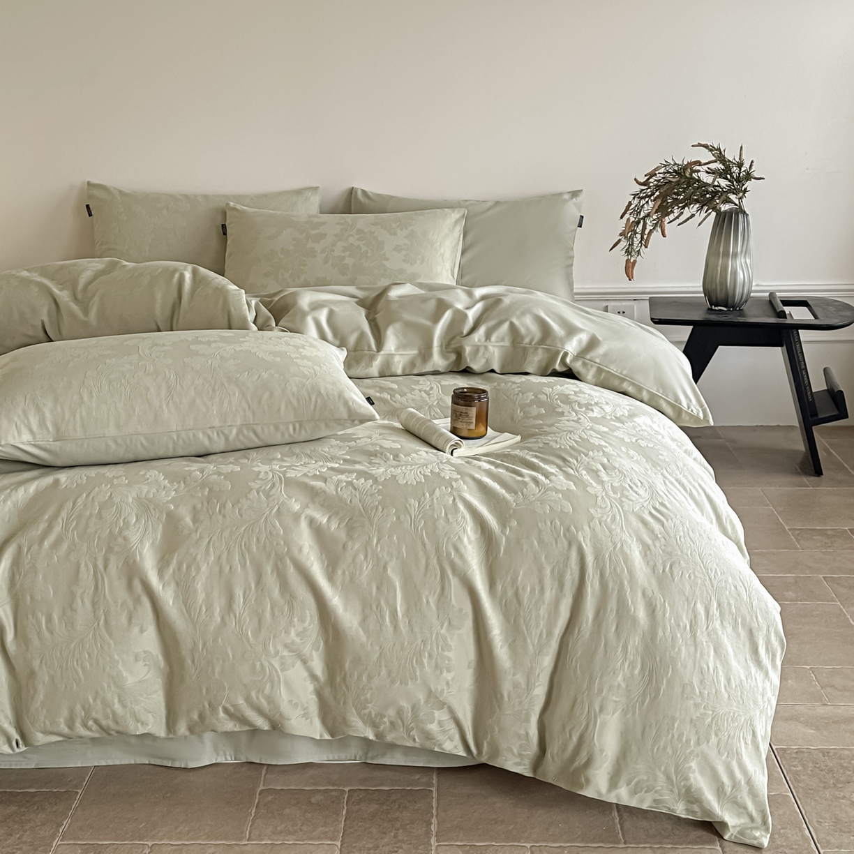 91家纺网 家纺一手货源 找家纺 如一  2026新款60S全棉水洗提花立体厚织浮雕四件套 香草-橄榄绿