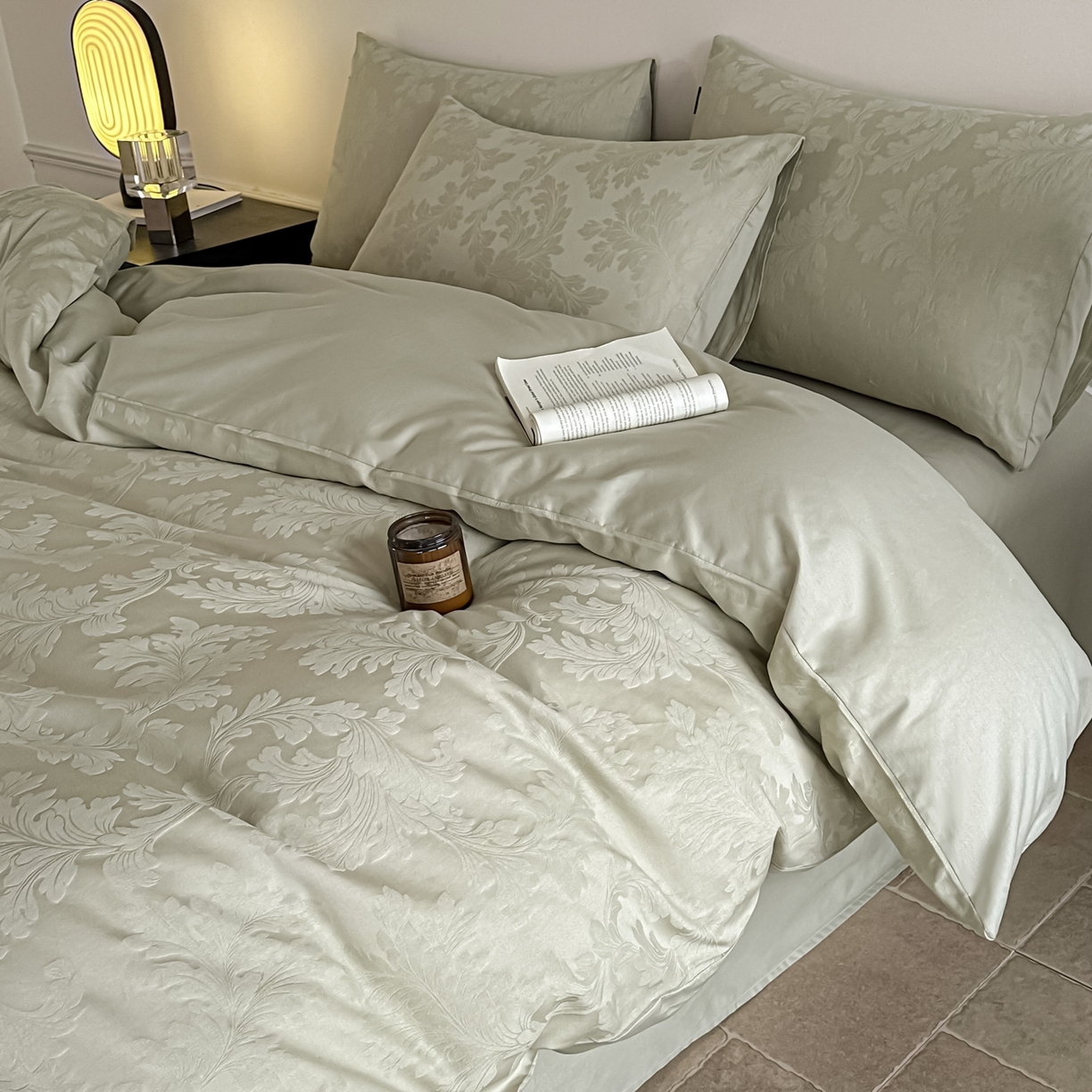 91家纺网 家纺一手货源 找家纺 如一  2026新款60S全棉水洗提花立体厚织浮雕四件套 香草-橄榄绿