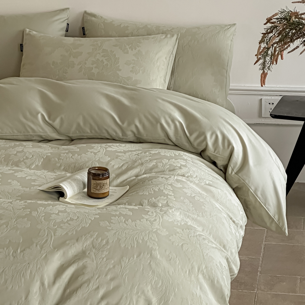 91家纺网 家纺一手货源 找家纺 如一  2026新款60S全棉水洗提花立体厚织浮雕四件套 香草-橄榄绿