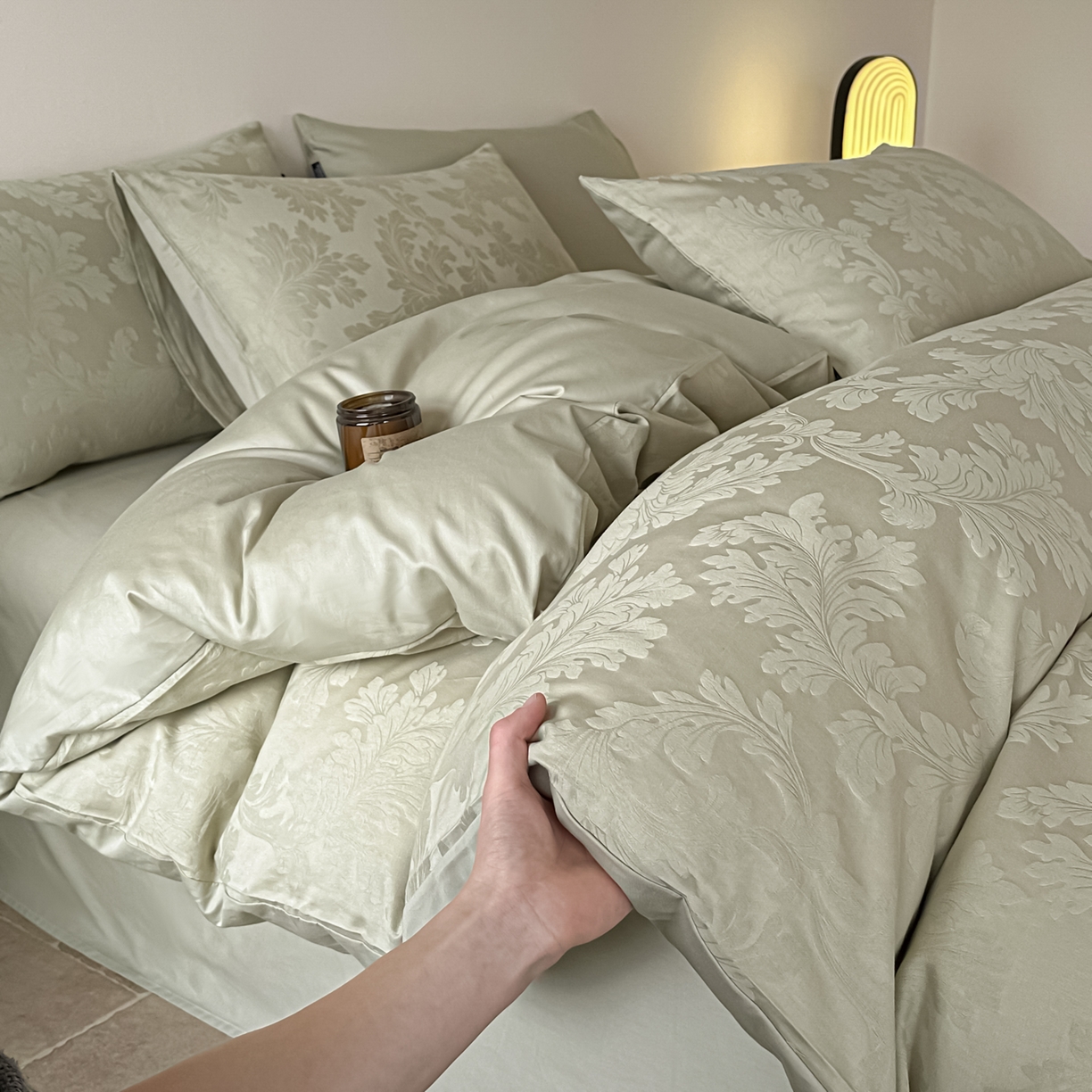 91家纺网 家纺一手货源 找家纺 如一  2026新款60S全棉水洗提花立体厚织浮雕四件套 香草-橄榄绿