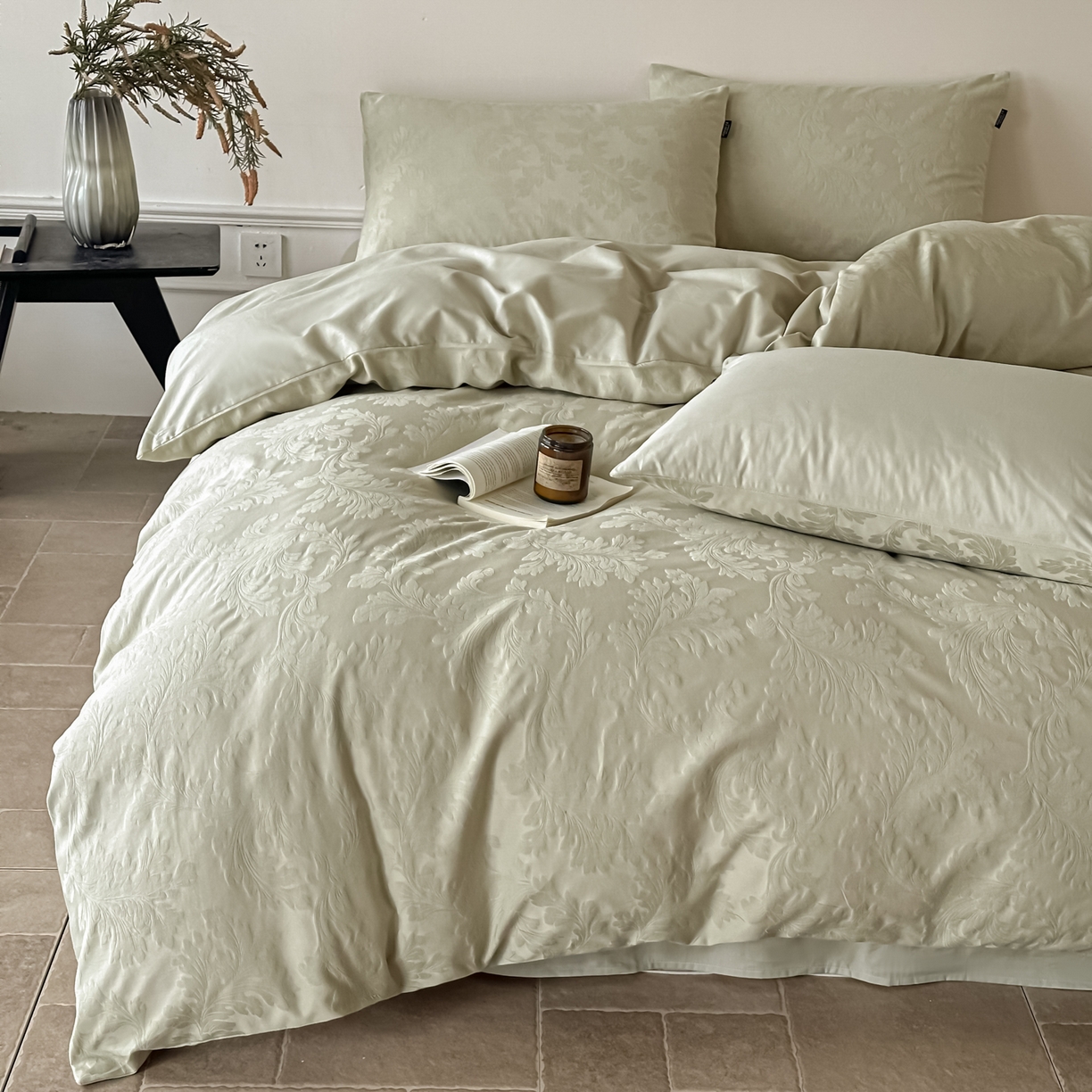 91家纺网 家纺一手货源 找家纺 如一  2026新款60S全棉水洗提花立体厚织浮雕四件套 香草-橄榄绿