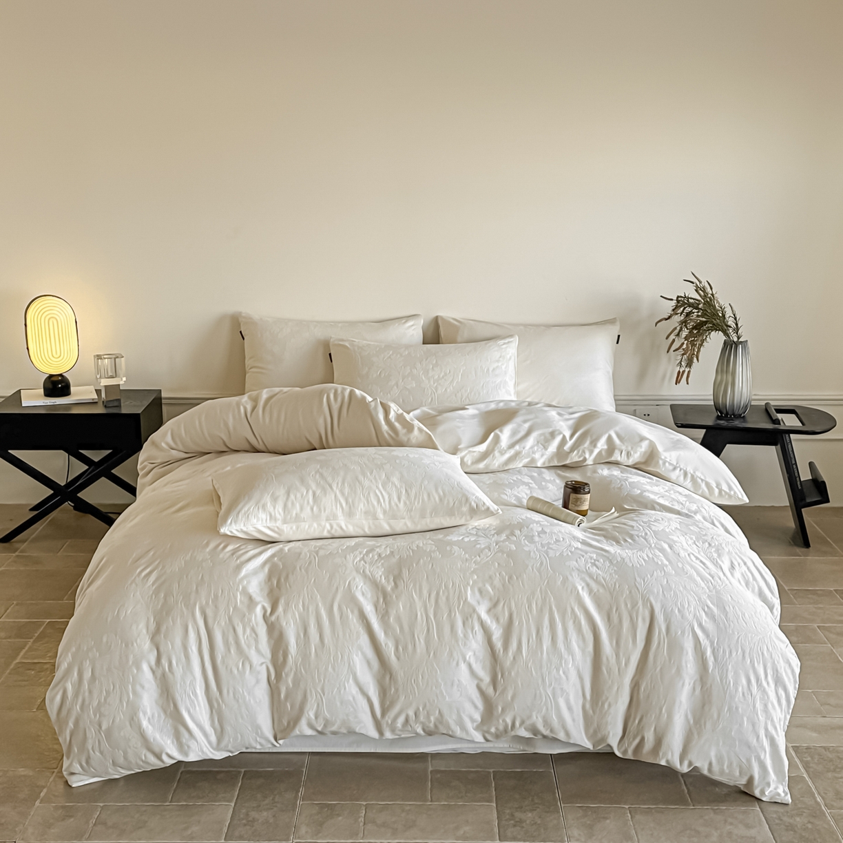 91家纺网 家纺一手货源 找家纺 如一  2026新款60S全棉水洗提花立体厚织浮雕四件套 香草-奶昔白