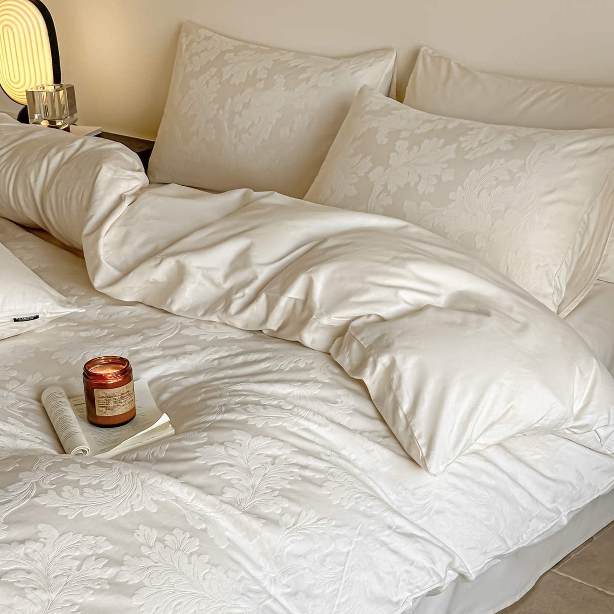 91家纺网 家纺一手货源 找家纺 如一  2026新款60S全棉水洗提花立体厚织浮雕四件套 香草-奶昔白