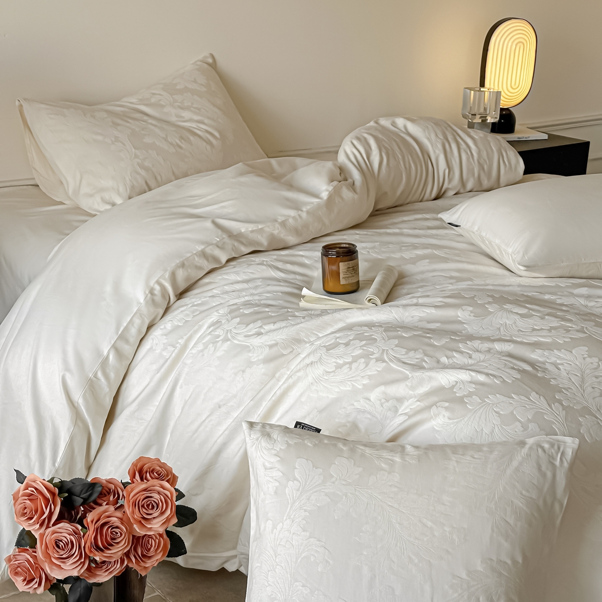 91家纺网 家纺一手货源 找家纺 如一  2026新款60S全棉水洗提花立体厚织浮雕四件套 香草-奶昔白