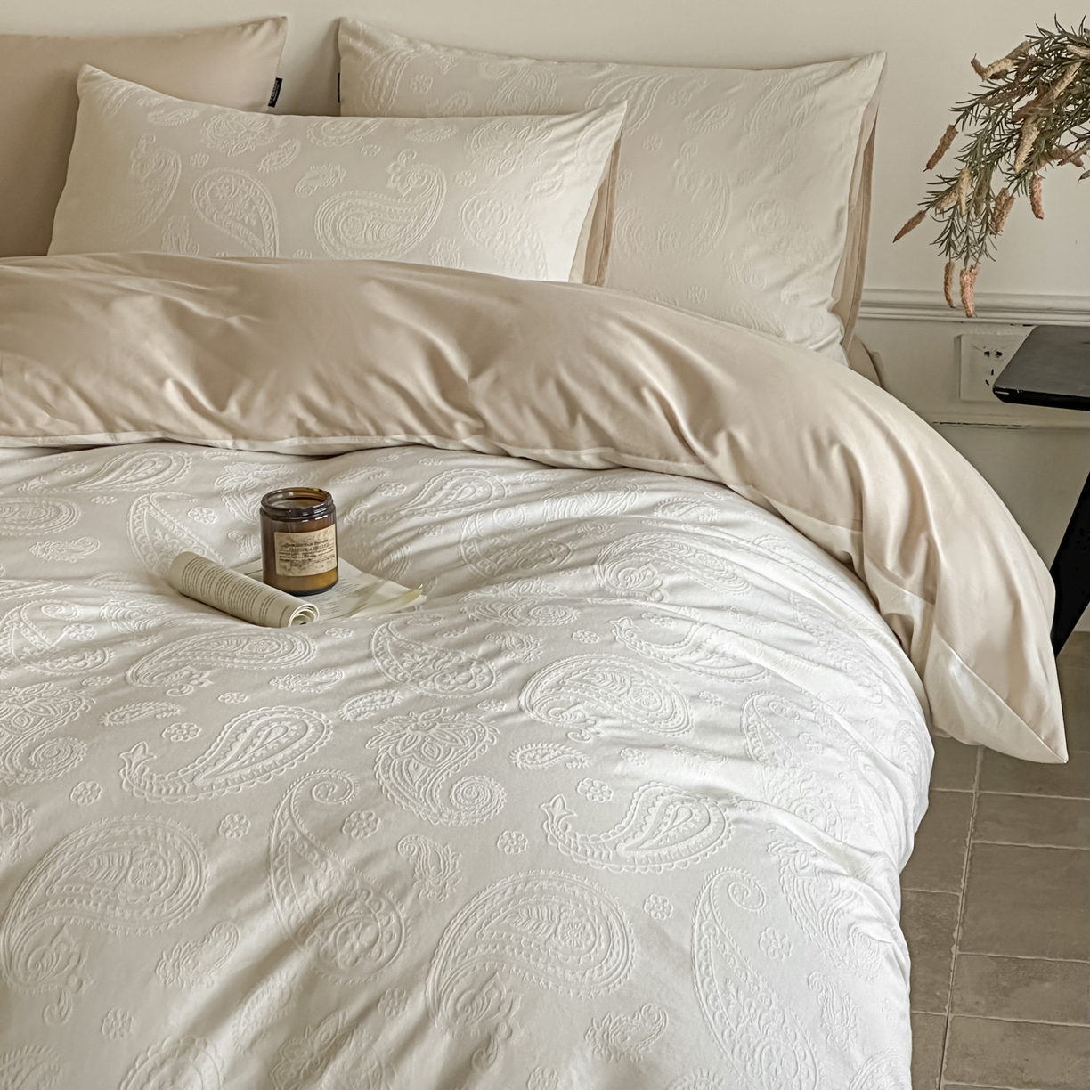 91家纺网 家纺一手货源 找家纺 如一  2026新款60S全棉水洗提花立体厚织浮雕四件套 腰果-奶米杏