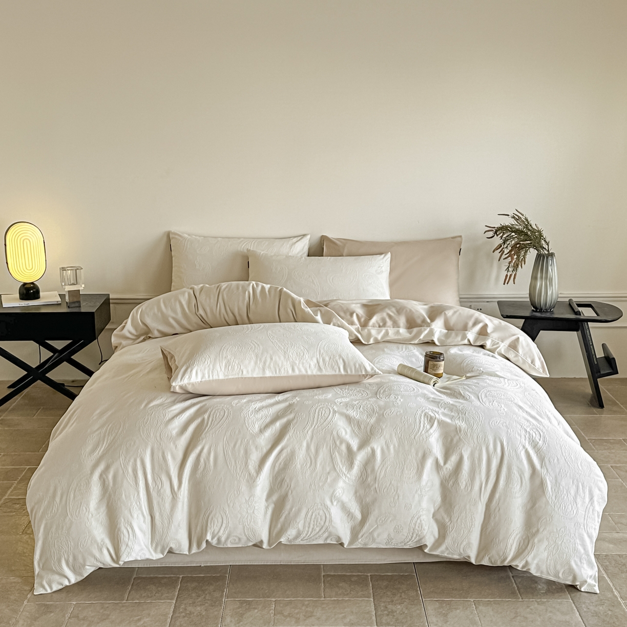 91家纺网 家纺一手货源 找家纺 如一  2026新款60S全棉水洗提花立体厚织浮雕四件套 腰果-奶米杏