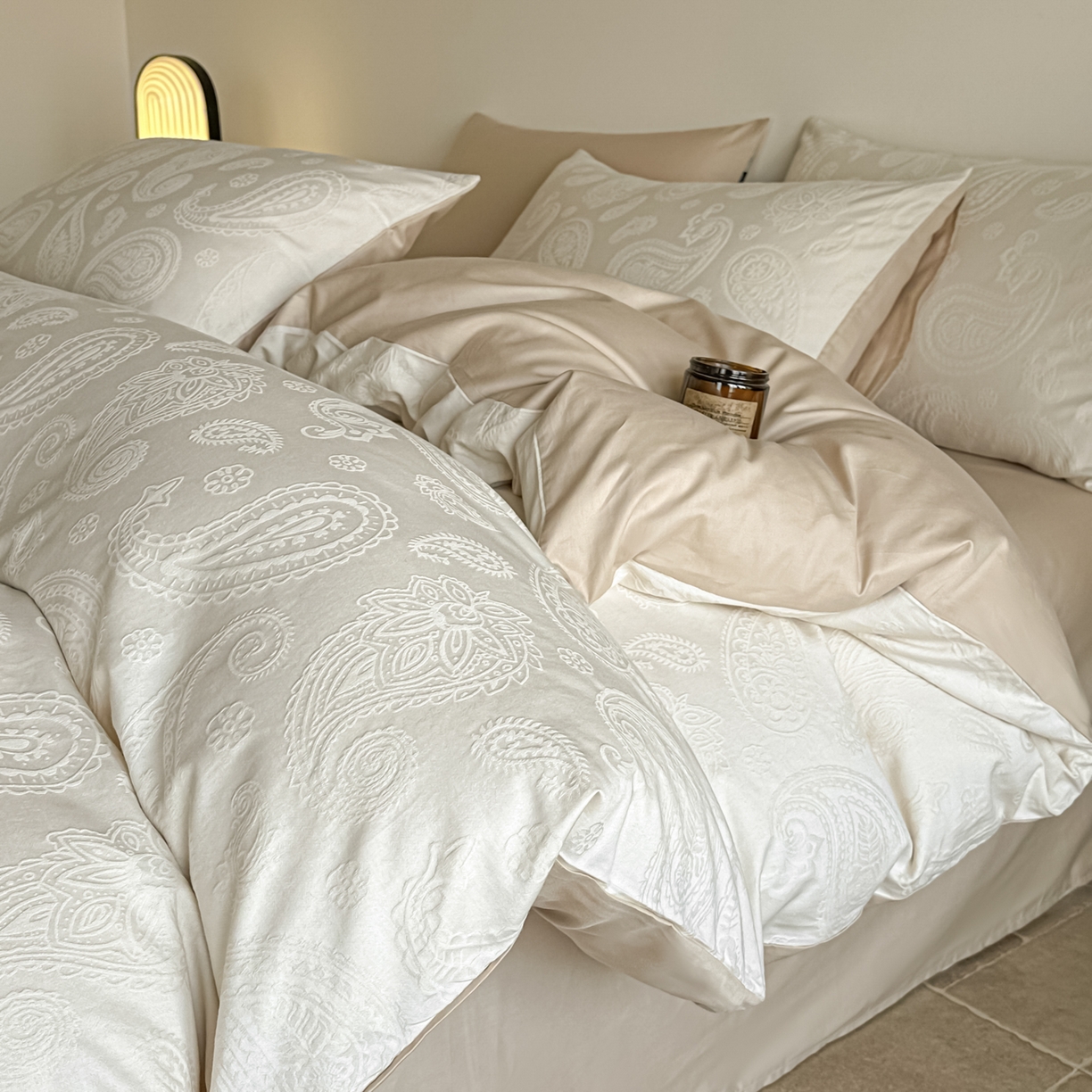 如一  2026新款60S全棉水洗提花立体厚织浮雕四件套 腰果-奶米杏