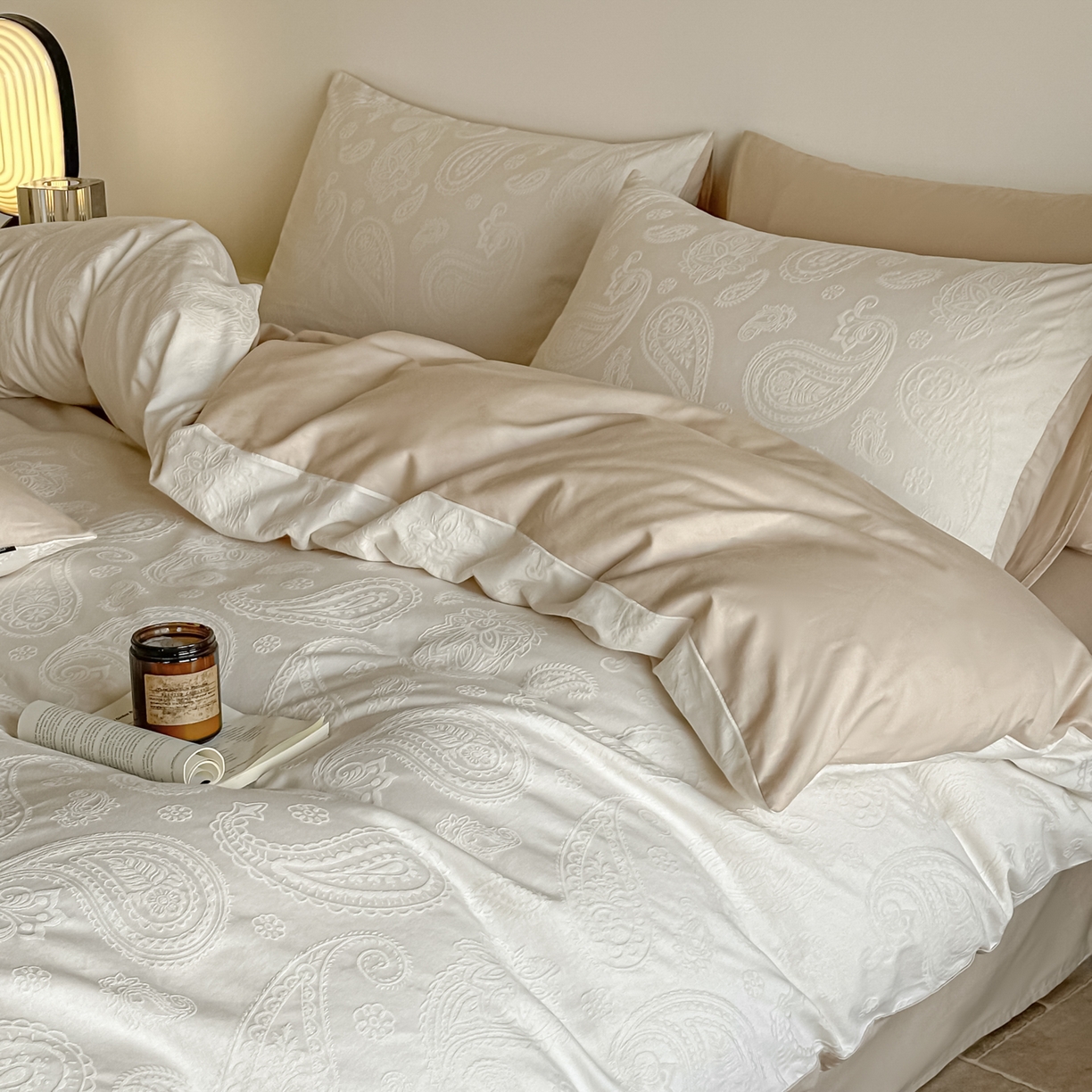 91家纺网 家纺一手货源 找家纺 如一  2026新款60S全棉水洗提花立体厚织浮雕四件套 腰果-奶米杏