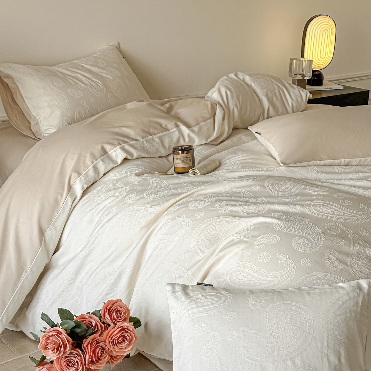 91家纺网 家纺一手货源 找家纺 如一  2026新款60S全棉水洗提花立体厚织浮雕四件套 腰果-奶米杏