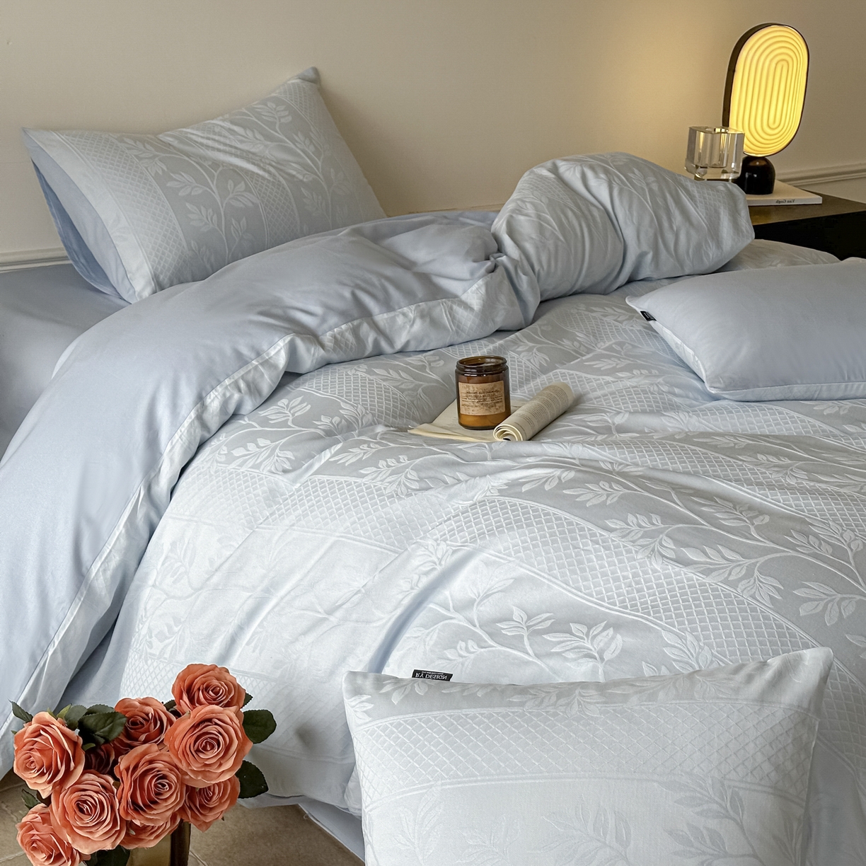 91家纺网 家纺一手货源 找家纺 如一  2026新款60S全棉水洗提花立体厚织浮雕四件套 叶韵-云水蓝