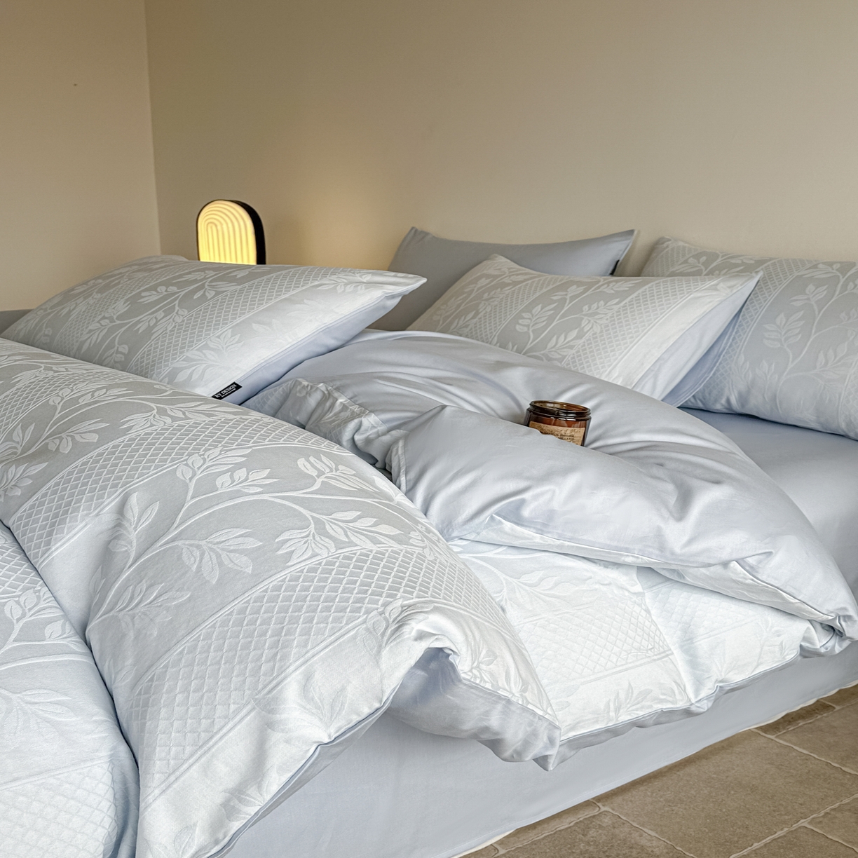 91家纺网 家纺一手货源 找家纺 如一  2026新款60S全棉水洗提花立体厚织浮雕四件套 叶韵-云水蓝