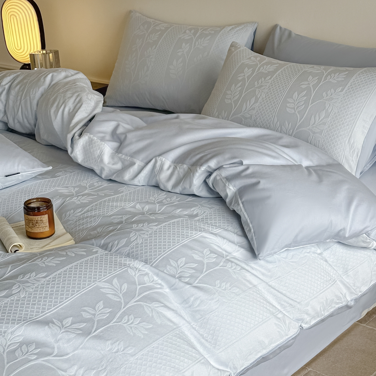 91家纺网 家纺一手货源 找家纺 如一  2026新款60S全棉水洗提花立体厚织浮雕四件套 叶韵-云水蓝