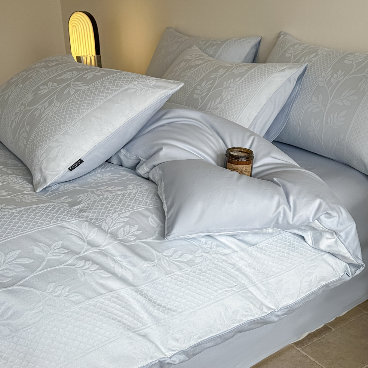 91家纺网 家纺一手货源 找家纺 如一  2026新款60S全棉水洗提花立体厚织浮雕四件套 叶韵-云水蓝