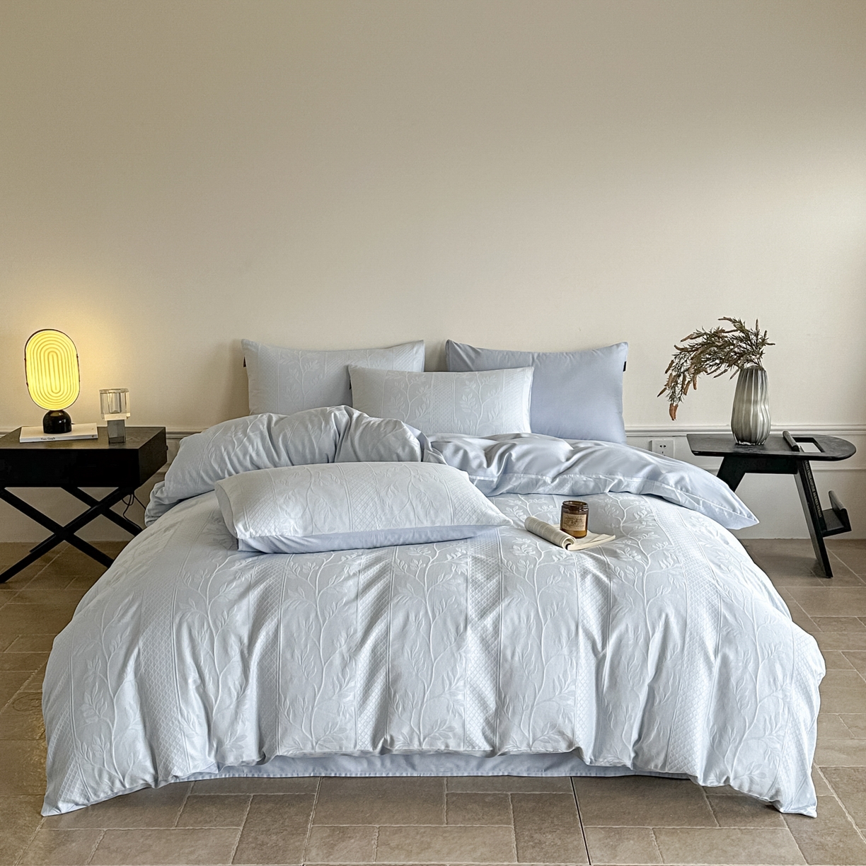 91家纺网 家纺一手货源 找家纺 如一  2026新款60S全棉水洗提花立体厚织浮雕四件套 叶韵-云水蓝