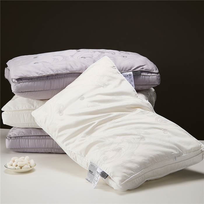 91家纺网 家纺一手货源 找家纺 昕科 2026新款凤尾花蚕丝枕-花朵柞蚕丝枕芯大提花莱赛尔蚕丝枕头 凤尾花蚕丝枕-月光白/一对装