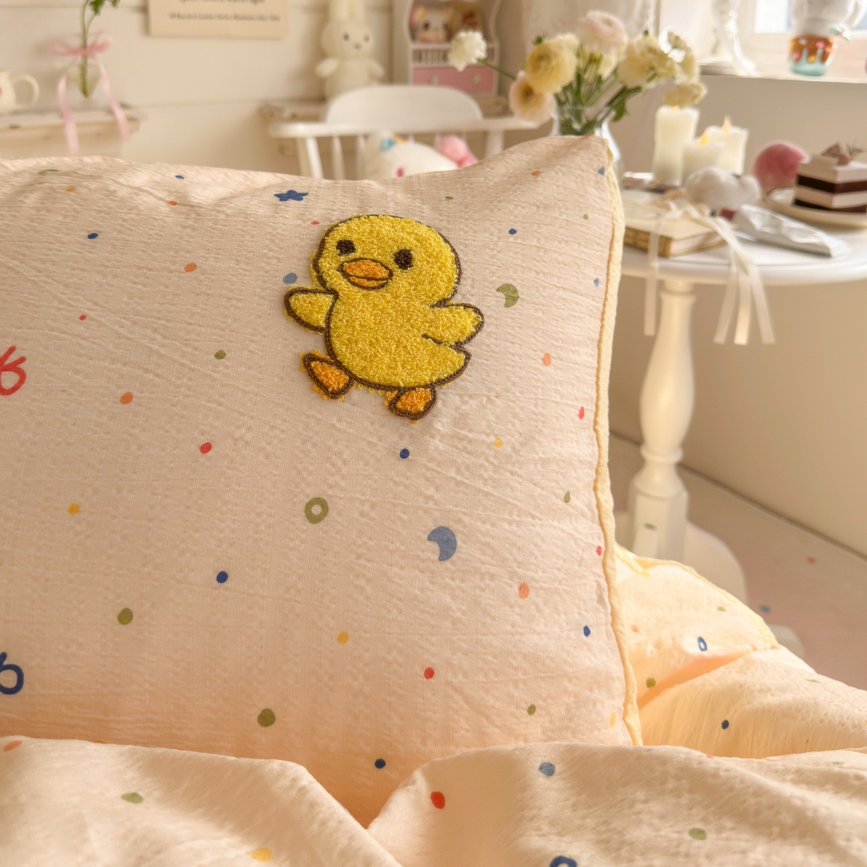 91家纺网 家纺一手货源 找家纺 卡斯诺家纺馆 2026新款皱皱棉双层纱毛巾绣四件套（下载文件包含买家秀） 开心小鸭