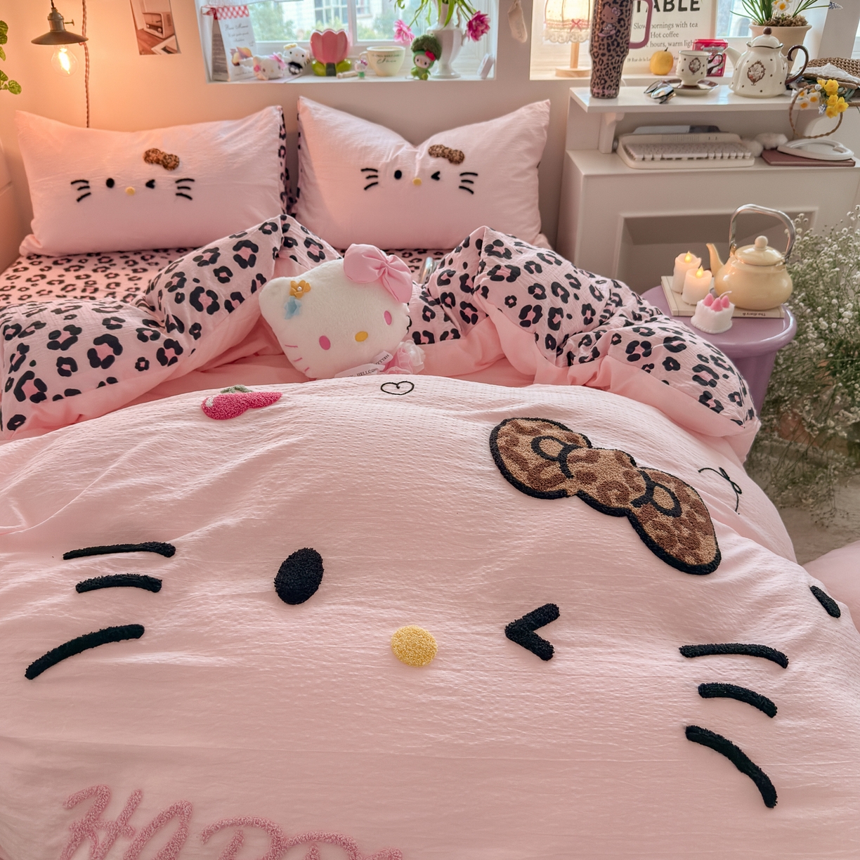 91家纺网 家纺一手货源 找家纺 卡斯诺家纺馆 2026新款皱皱棉双层纱毛巾绣四件套（下载文件包含买家秀） 摩登猫咪-玉粉