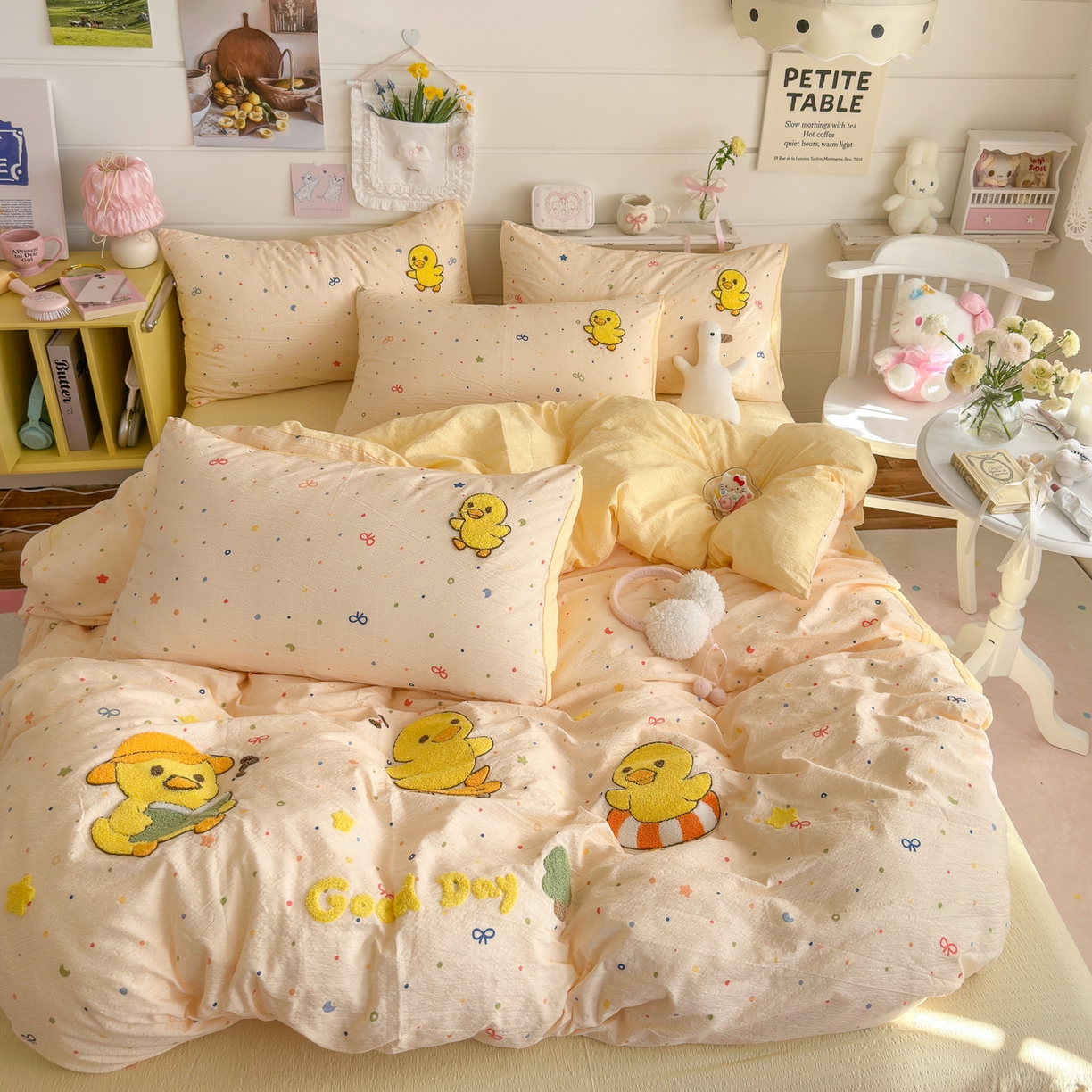 卡斯诺家纺馆 2026新款皱皱棉双层纱毛巾绣四件套（下载文件包含买家秀） 开心小鸭