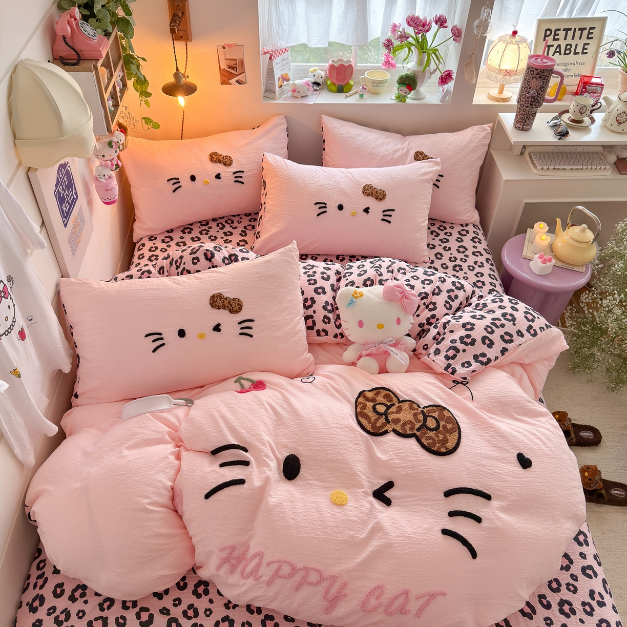 卡斯诺家纺馆 2026新款皱皱棉双层纱毛巾绣四件套（下载文件包含买家秀） 摩登猫咪-玉粉