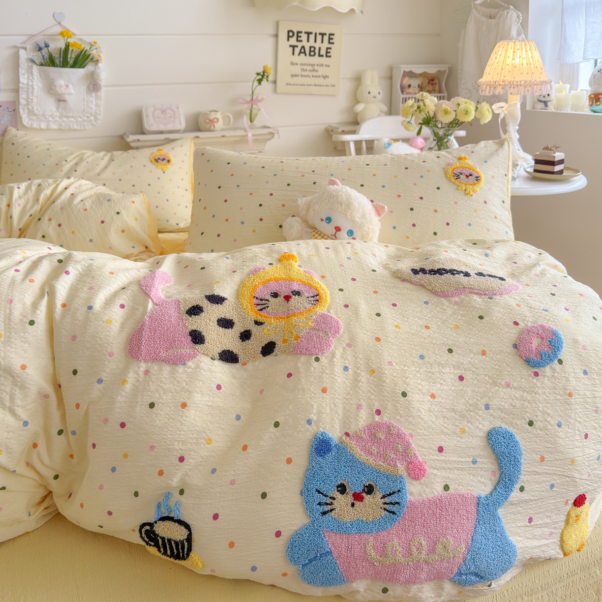 91家纺网 家纺一手货源 找家纺 卡斯诺家纺馆 2026新款皱皱棉双层纱毛巾绣四件套（下载文件包含买家秀） 快乐猫咪