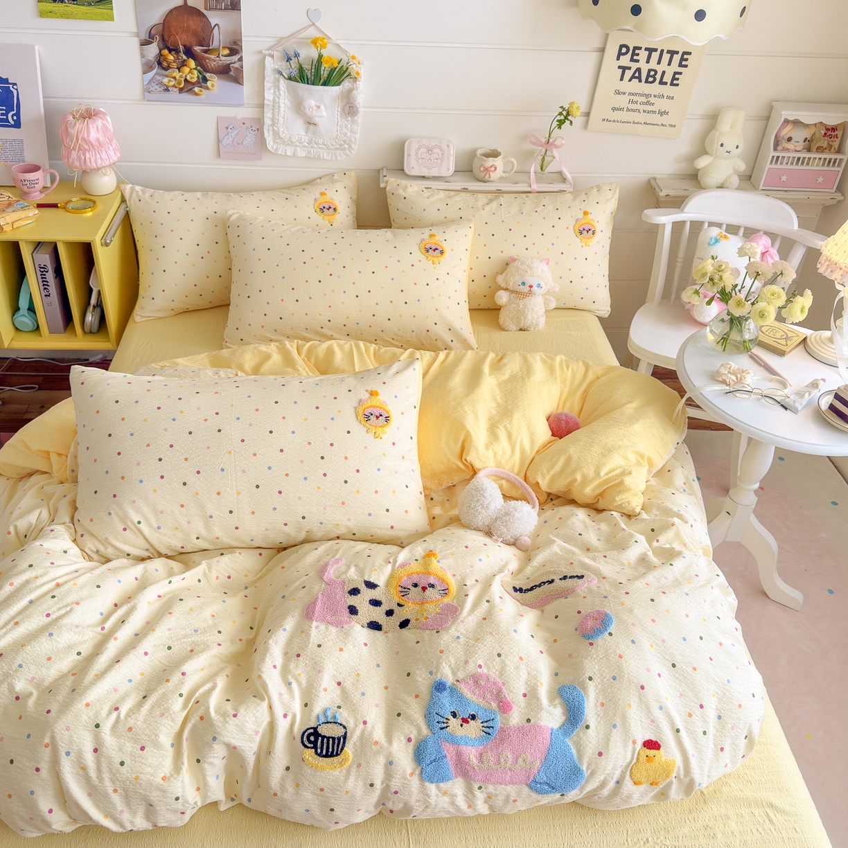 卡斯诺家纺馆 2026新款皱皱棉双层纱毛巾绣四件套（下载文件包含买家秀） 快乐猫咪