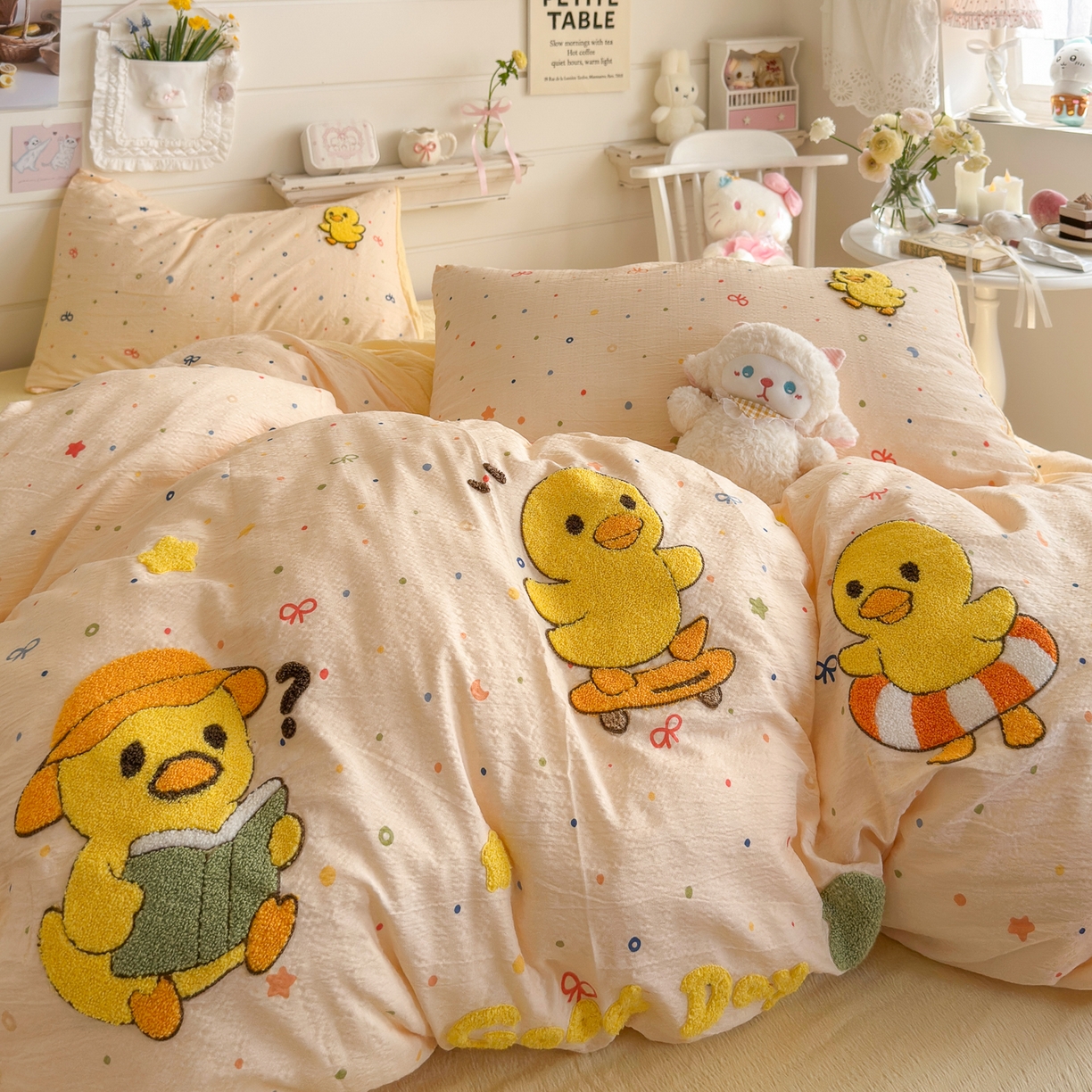 91家纺网 家纺一手货源 找家纺 卡斯诺家纺馆 2026新款皱皱棉双层纱毛巾绣四件套（下载文件包含买家秀） 开心小鸭