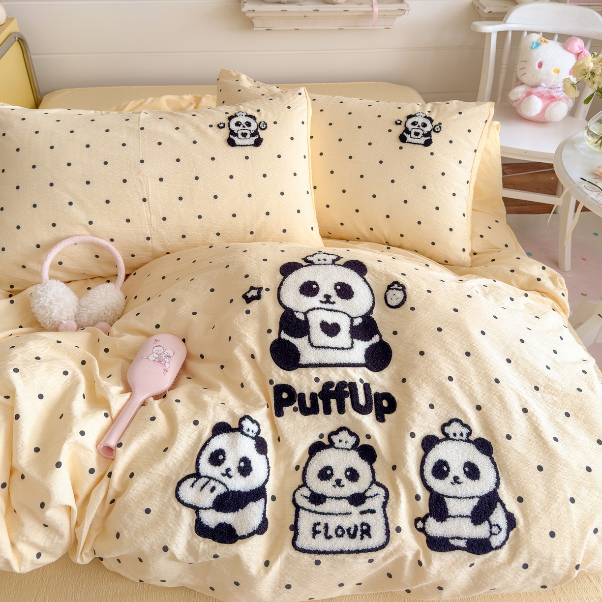 91家纺网 家纺一手货源 找家纺 卡斯诺家纺馆 2026新款皱皱棉双层纱毛巾绣四件套（下载文件包含买家秀） 黑白熊猫