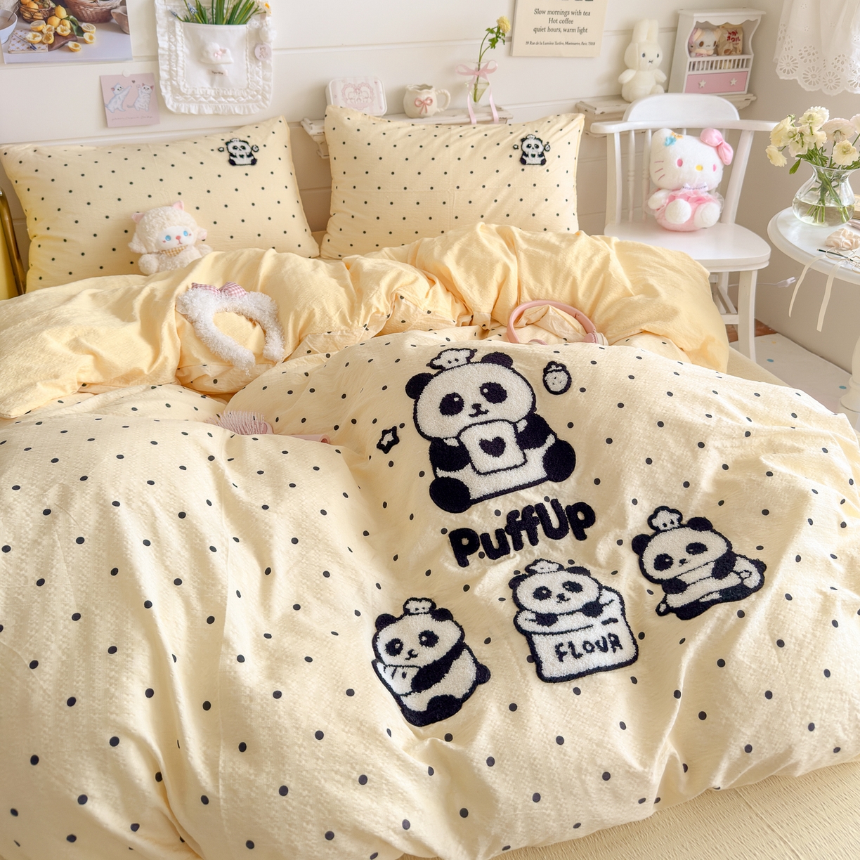 91家纺网 家纺一手货源 找家纺 卡斯诺家纺馆 2026新款皱皱棉双层纱毛巾绣四件套（下载文件包含买家秀） 黑白熊猫