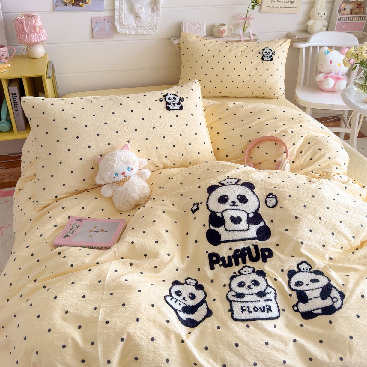 91家纺网 家纺一手货源 找家纺 卡斯诺家纺馆 2026新款皱皱棉双层纱毛巾绣四件套（下载文件包含买家秀） 黑白熊猫