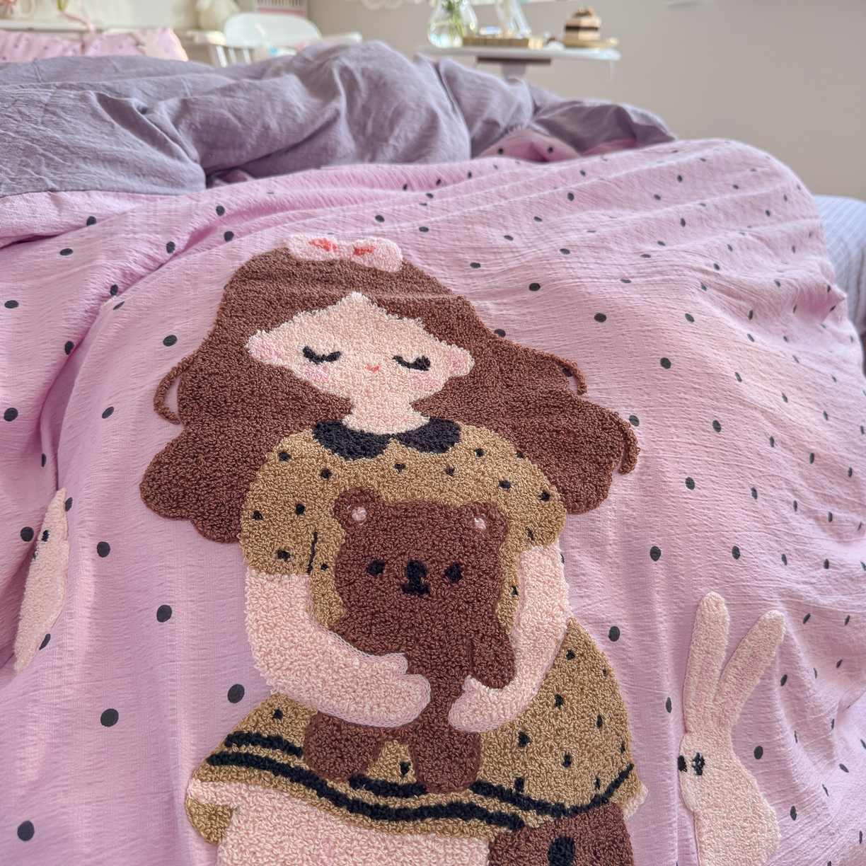 91家纺网 家纺一手货源 找家纺 卡斯诺家纺馆 2026新款皱皱棉双层纱毛巾绣四件套（下载文件包含买家秀） 时尚女孩