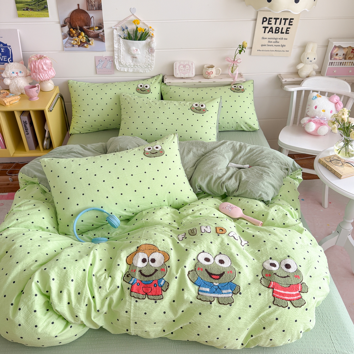 卡斯诺家纺馆 2026新款皱皱棉双层纱毛巾绣四件套（下载文件包含买家秀） 绿萌蛙