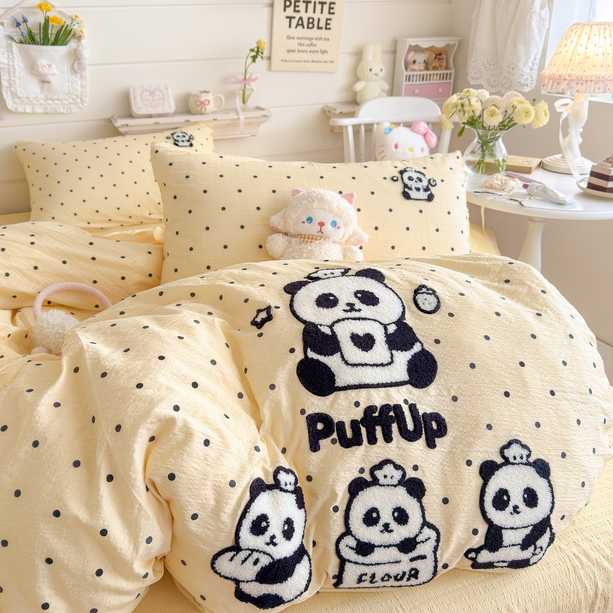 91家纺网 家纺一手货源 找家纺 卡斯诺家纺馆 2026新款皱皱棉双层纱毛巾绣四件套（下载文件包含买家秀） 黑白熊猫