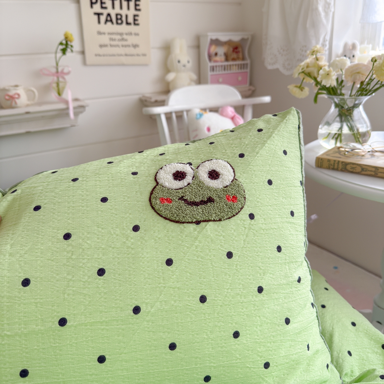 91家纺网 家纺一手货源 找家纺 卡斯诺家纺馆 2026新款皱皱棉双层纱毛巾绣四件套（下载文件包含买家秀） 绿萌蛙