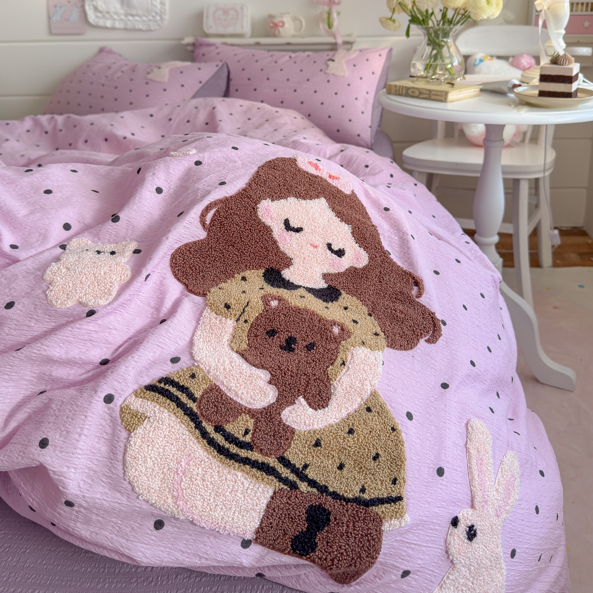 91家纺网 家纺一手货源 找家纺 卡斯诺家纺馆 2026新款皱皱棉双层纱毛巾绣四件套（下载文件包含买家秀） 时尚女孩