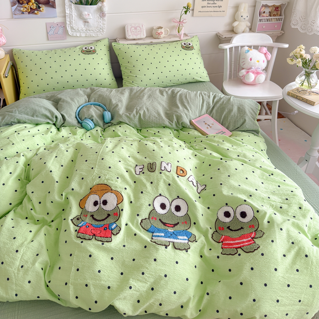 91家纺网 家纺一手货源 找家纺 卡斯诺家纺馆 2026新款皱皱棉双层纱毛巾绣四件套（下载文件包含买家秀） 绿萌蛙