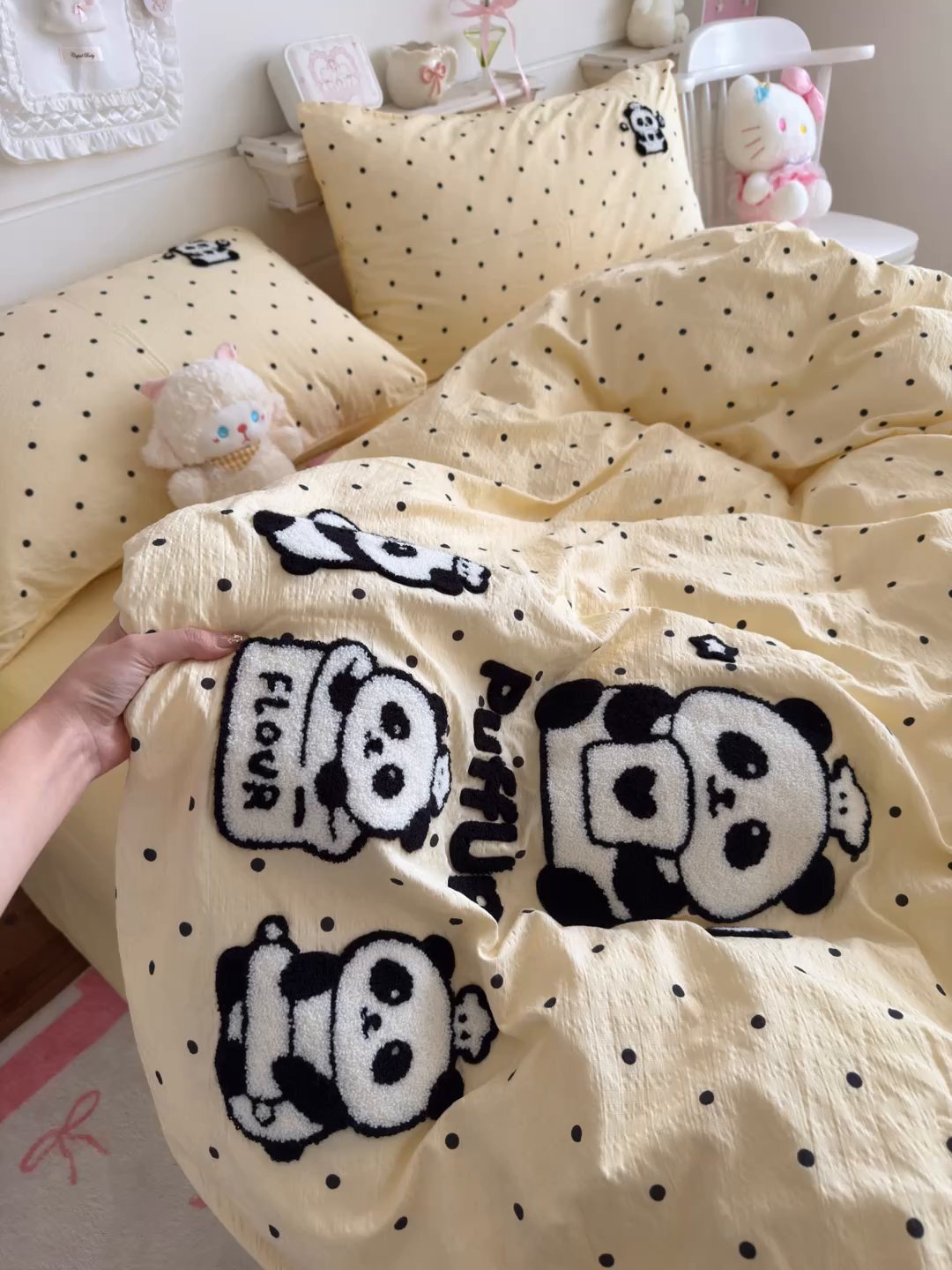 91家纺网 家纺一手货源 找家纺 卡斯诺家纺馆 2026新款皱皱棉双层纱毛巾绣四件套（下载文件包含买家秀） 黑白熊猫