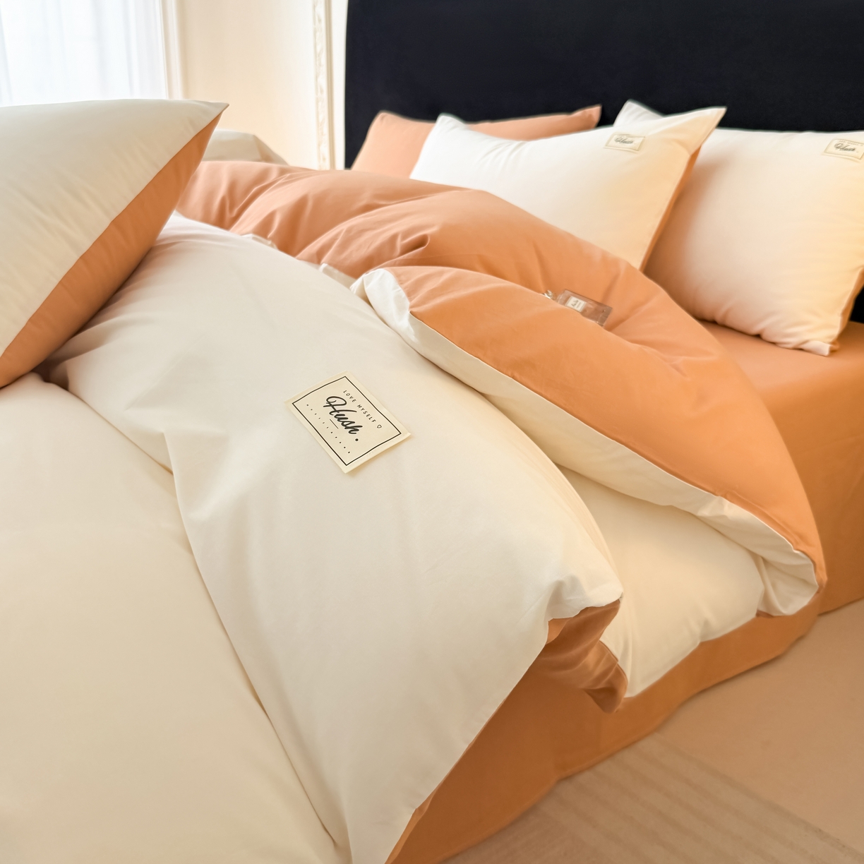 木子家纺 2026新款高支高密全棉纯棉双拼纯色四件套 白桃西柚