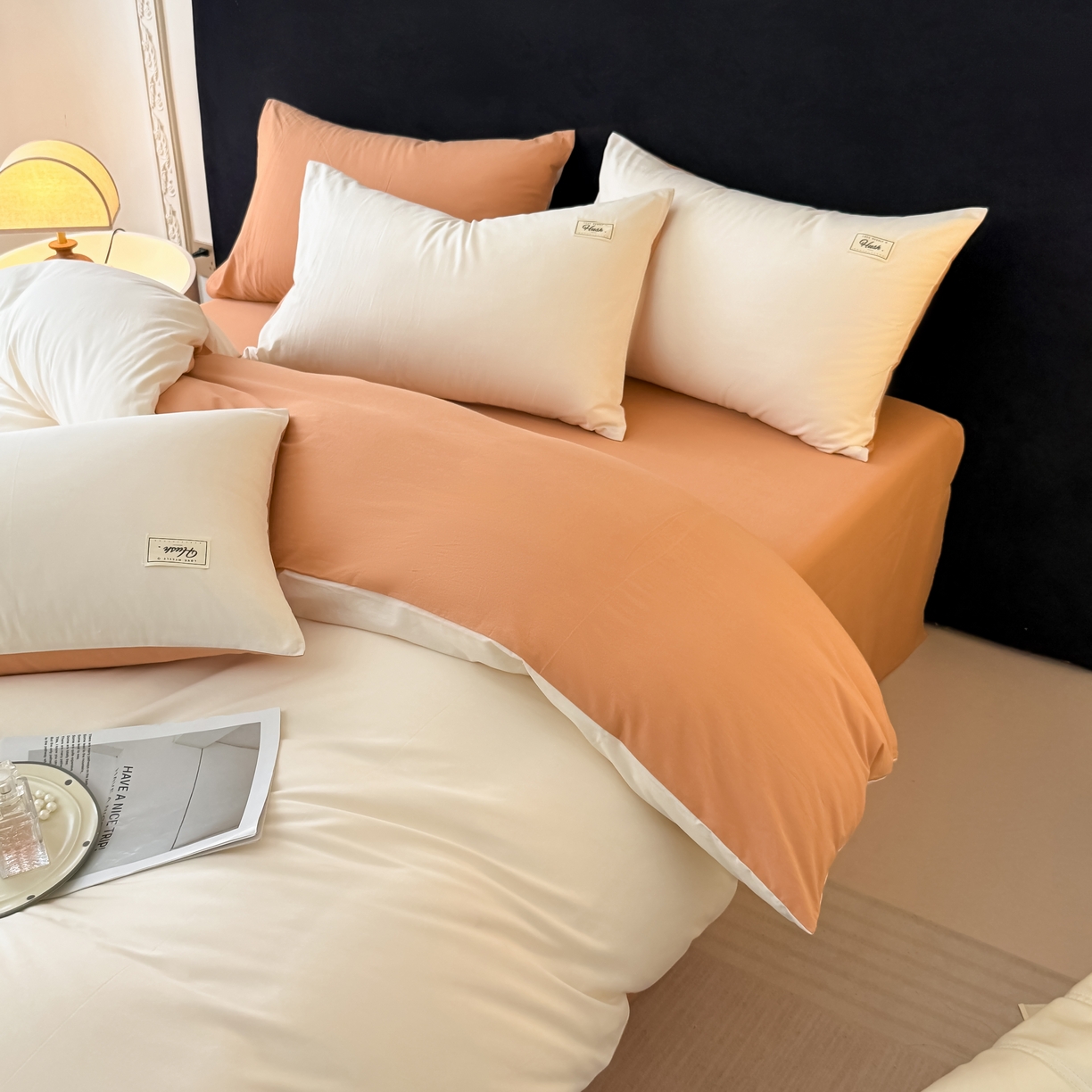 91家纺网 家纺一手货源 找家纺 木子家纺 2026新款高支高密全棉纯棉双拼纯色四件套 白桃西柚