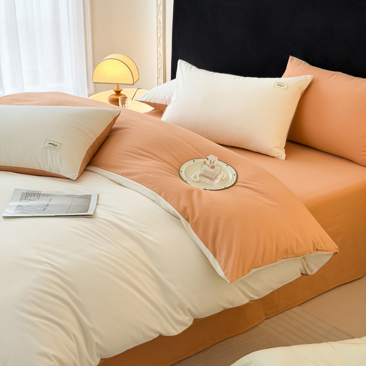 91家纺网 家纺一手货源 找家纺 木子家纺 2026新款高支高密全棉纯棉双拼纯色四件套 白桃西柚