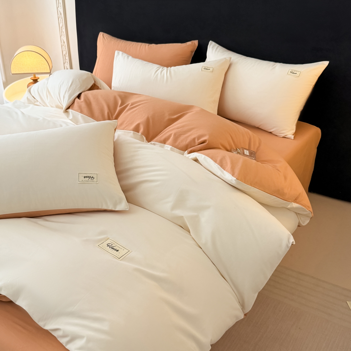 91家纺网 家纺一手货源 找家纺 木子家纺 2026新款高支高密全棉纯棉双拼纯色四件套 白桃西柚